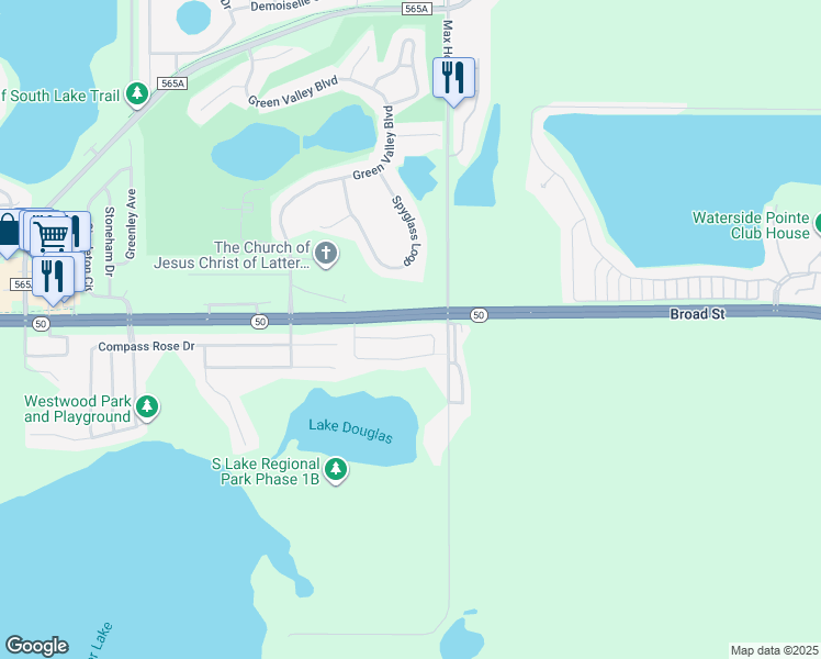 map of restaurants, bars, coffee shops, grocery stores, and more near 1316 Water Willow Drive in Groveland