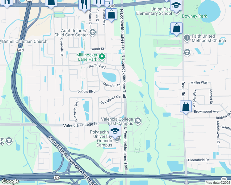 map of restaurants, bars, coffee shops, grocery stores, and more near 732 Oak Manor Circle in Orlando