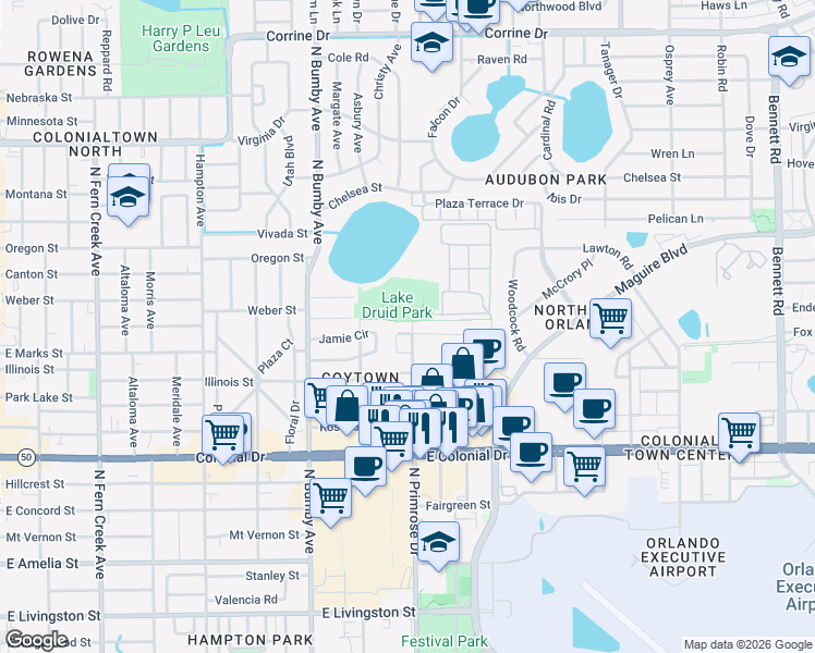 map of restaurants, bars, coffee shops, grocery stores, and more near 2723 Prim Drive in Orlando