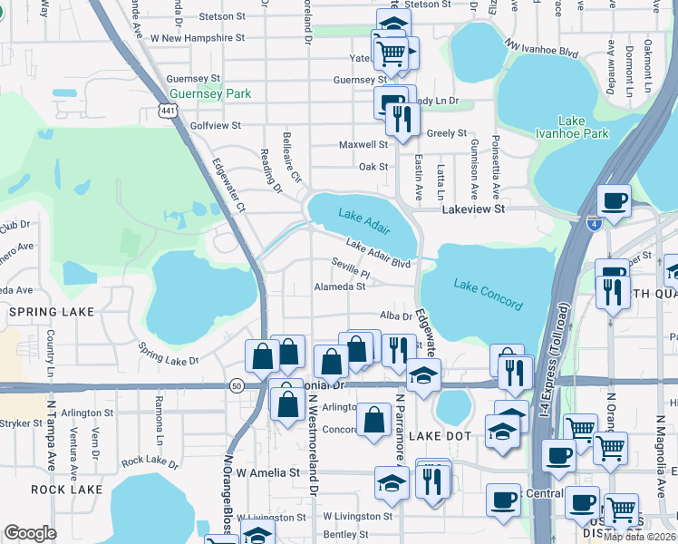 map of restaurants, bars, coffee shops, grocery stores, and more near 838 Alameda Street in Orlando