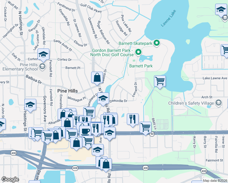 map of restaurants, bars, coffee shops, grocery stores, and more near 900 Alecon Drive in Orlando