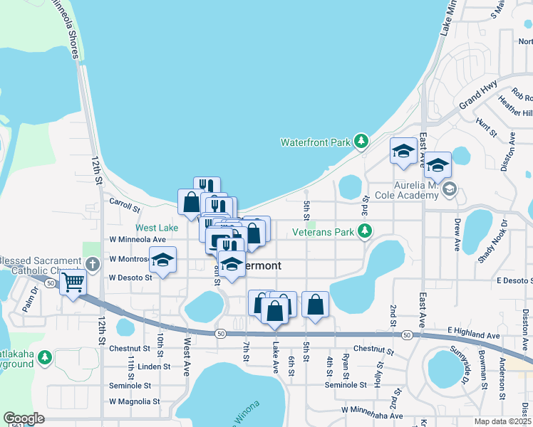 map of restaurants, bars, coffee shops, grocery stores, and more near 538 Lake Avenue in Clermont