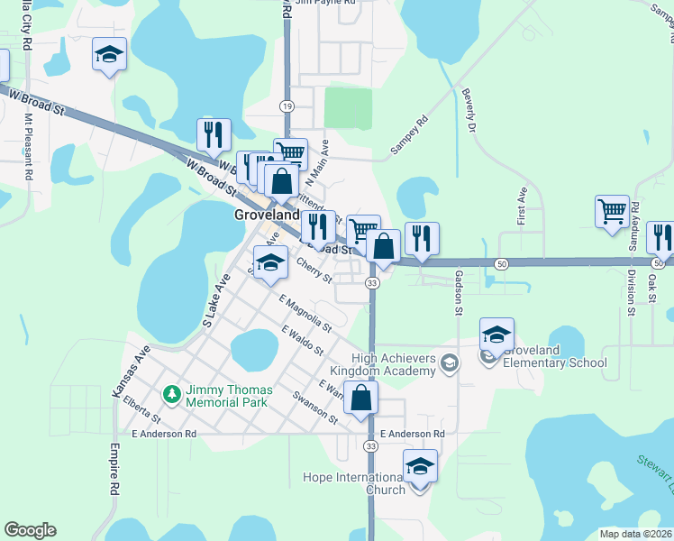 map of restaurants, bars, coffee shops, grocery stores, and more near 120 Wright Street in Groveland