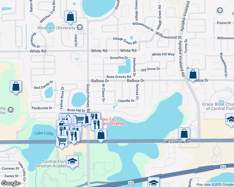 map of restaurants, bars, coffee shops, grocery stores, and more near 1133 Byerly Way in Orlando
