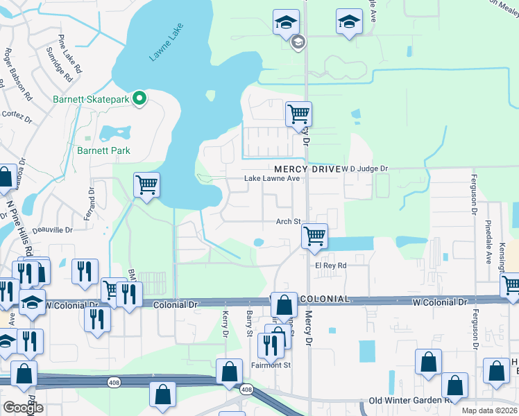 map of restaurants, bars, coffee shops, grocery stores, and more near 1218 Dewey Avenue in Orlando