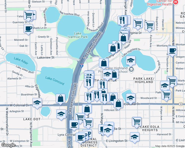 map of restaurants, bars, coffee shops, grocery stores, and more near 1001 Florida 527 in Orlando