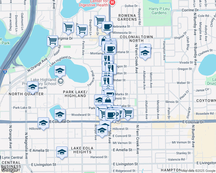 map of restaurants, bars, coffee shops, grocery stores, and more near 932 North Mills Avenue in Orlando