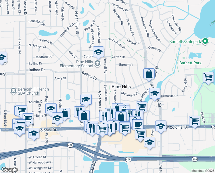 map of restaurants, bars, coffee shops, grocery stores, and more near 1000 Ferndell Road in Orlando