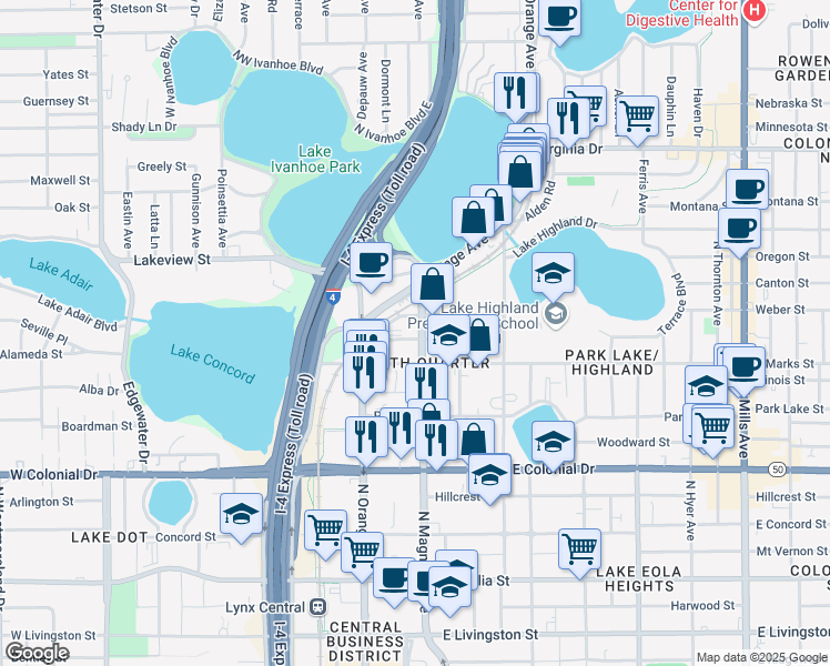 map of restaurants, bars, coffee shops, grocery stores, and more near 110 Weber Street in Orlando
