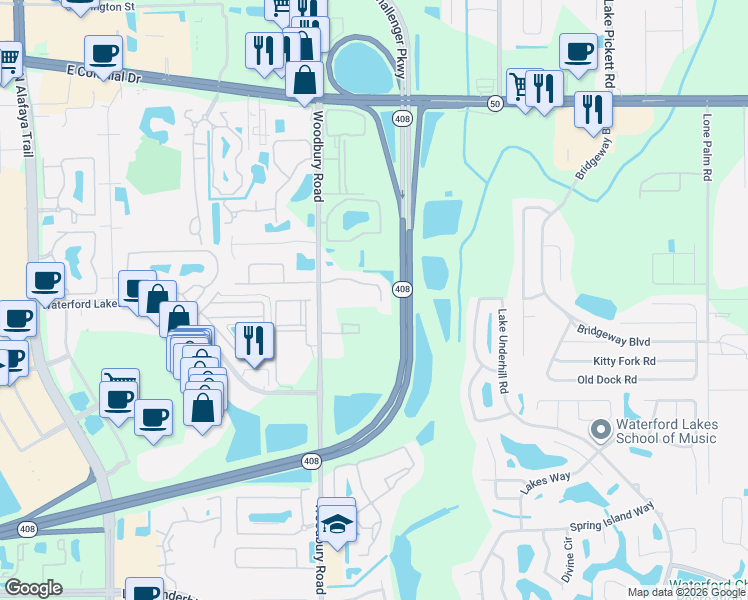 map of restaurants, bars, coffee shops, grocery stores, and more near 12491 Woodbury Cove Drive in Orlando