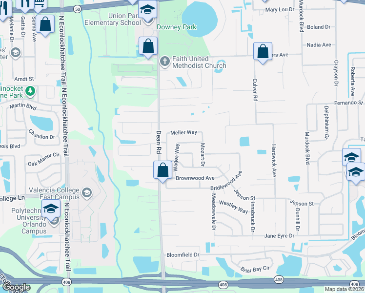 map of restaurants, bars, coffee shops, grocery stores, and more near 1055 Meller Way in Orlando