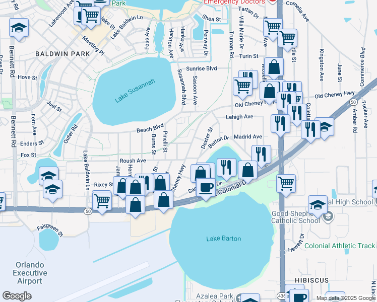 map of restaurants, bars, coffee shops, grocery stores, and more near 5214 Old Cheney Highway in Orlando