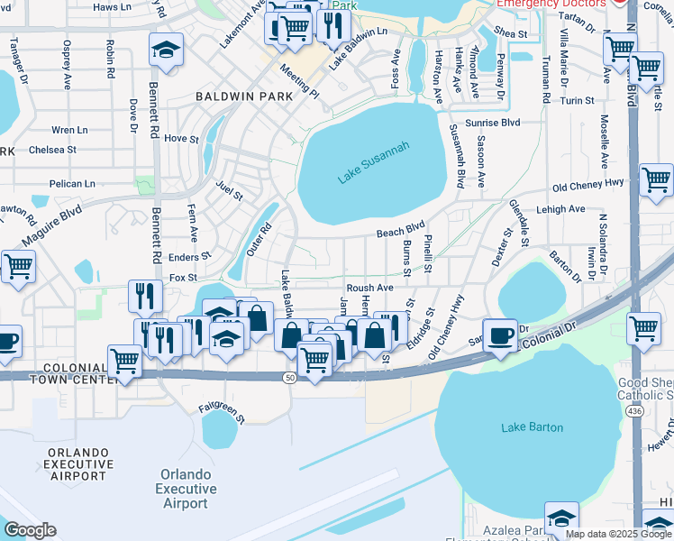 map of restaurants, bars, coffee shops, grocery stores, and more near 4288 Beach Boulevard in Orlando