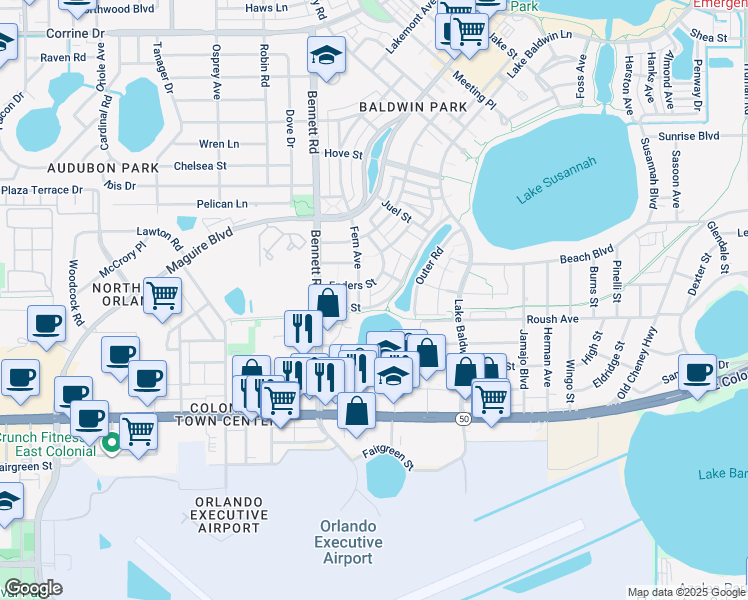 map of restaurants, bars, coffee shops, grocery stores, and more near 919 Fern Avenue in Orlando