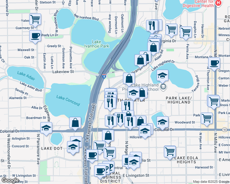 map of restaurants, bars, coffee shops, grocery stores, and more near 1001 Florida 527 in Orlando