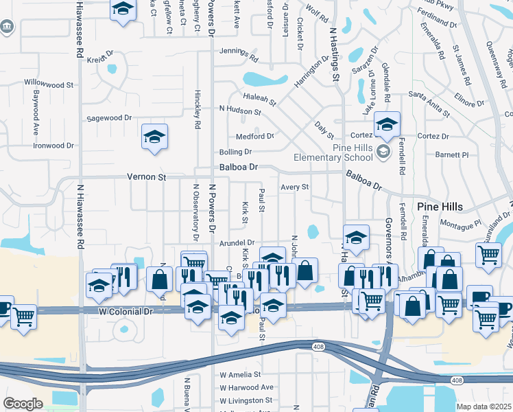 map of restaurants, bars, coffee shops, grocery stores, and more near 1400 Paul Street in Orlando