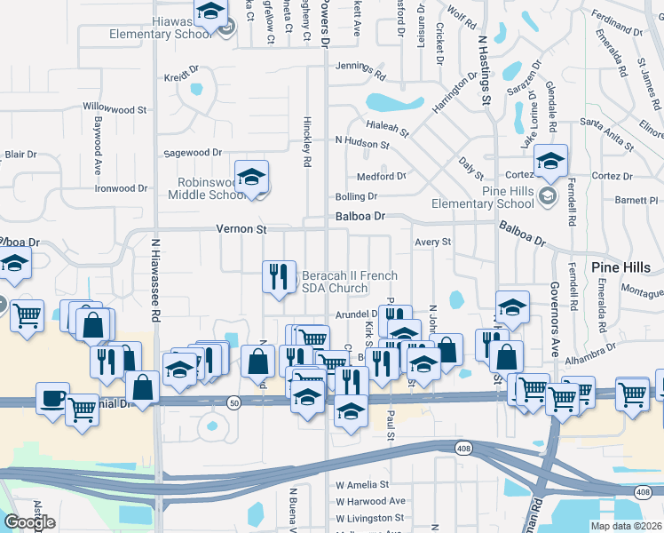 map of restaurants, bars, coffee shops, grocery stores, and more near 1324 North Powers Drive in Orlando