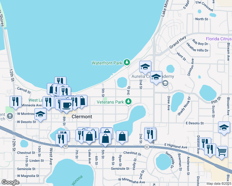 map of restaurants, bars, coffee shops, grocery stores, and more near 432 Carroll Street in Clermont
