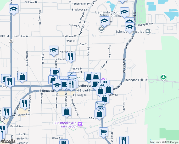 map of restaurants, bars, coffee shops, grocery stores, and more near 246 Bell Avenue in Brooksville