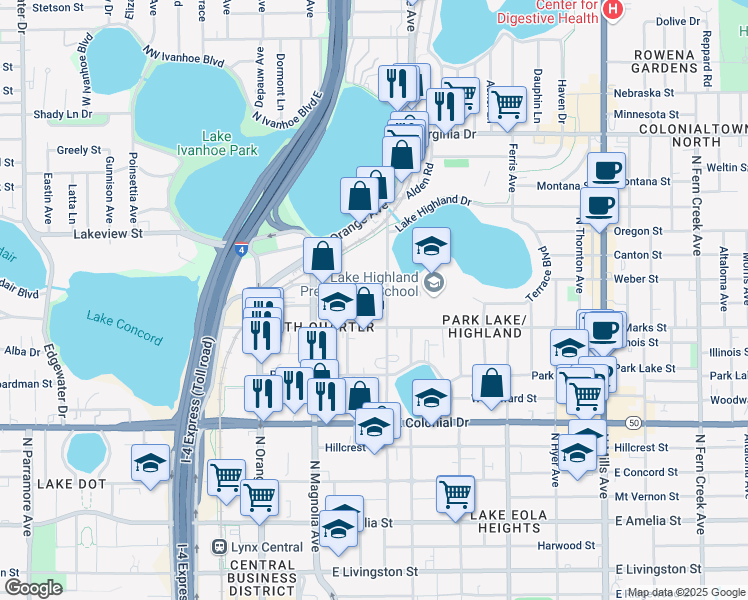 map of restaurants, bars, coffee shops, grocery stores, and more near 101-299 Weber Street in Orlando