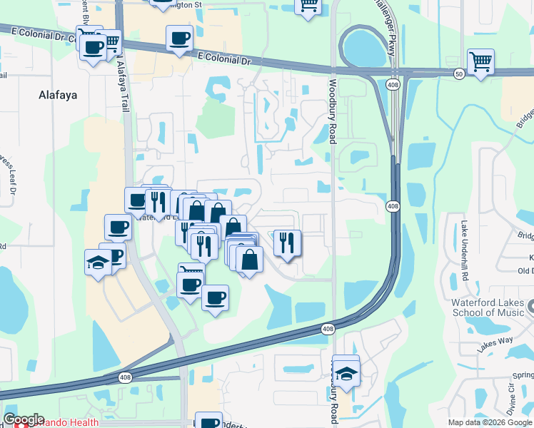 map of restaurants, bars, coffee shops, grocery stores, and more near 13133 Lexington Summit Street in Orlando