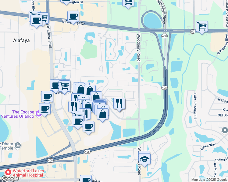map of restaurants, bars, coffee shops, grocery stores, and more near 13105 Lexington Summit Street in Orlando