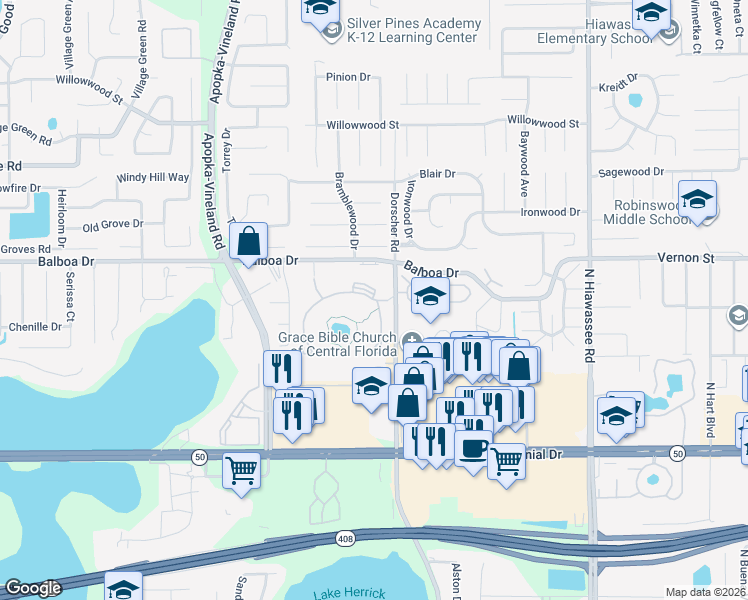 map of restaurants, bars, coffee shops, grocery stores, and more near 7200 Woodhill Park Drive in Orlando
