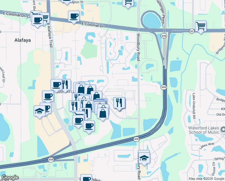 map of restaurants, bars, coffee shops, grocery stores, and more near 13117 Lexington Summit Street in Orlando