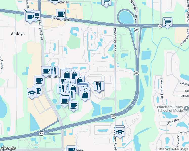 map of restaurants, bars, coffee shops, grocery stores, and more near 13105 Lexington Summit Street in Orlando
