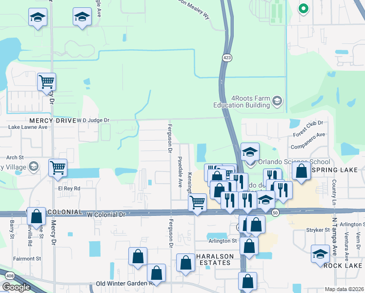 map of restaurants, bars, coffee shops, grocery stores, and more near 944 Kensington Drive in Orlando