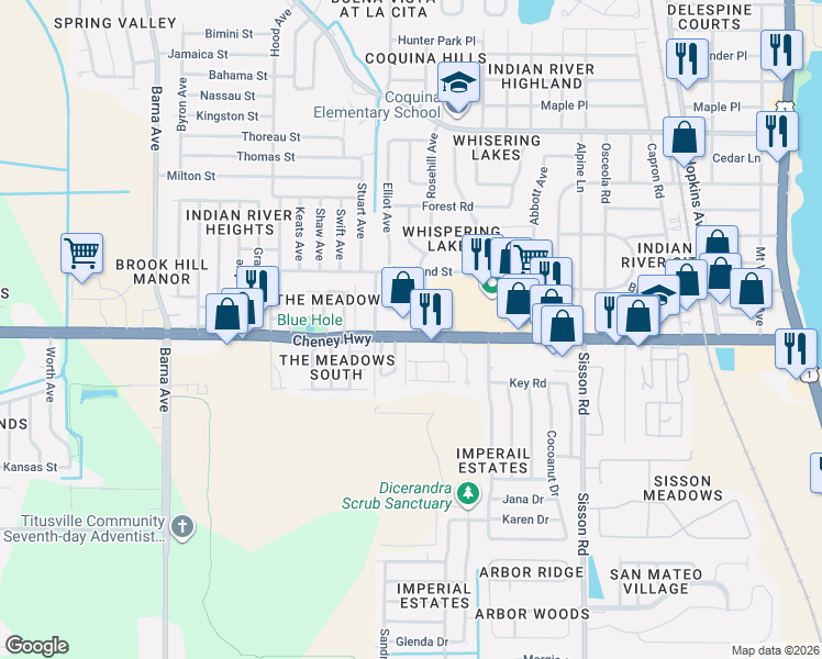 map of restaurants, bars, coffee shops, grocery stores, and more near 4595 Rosehill Avenue in Titusville