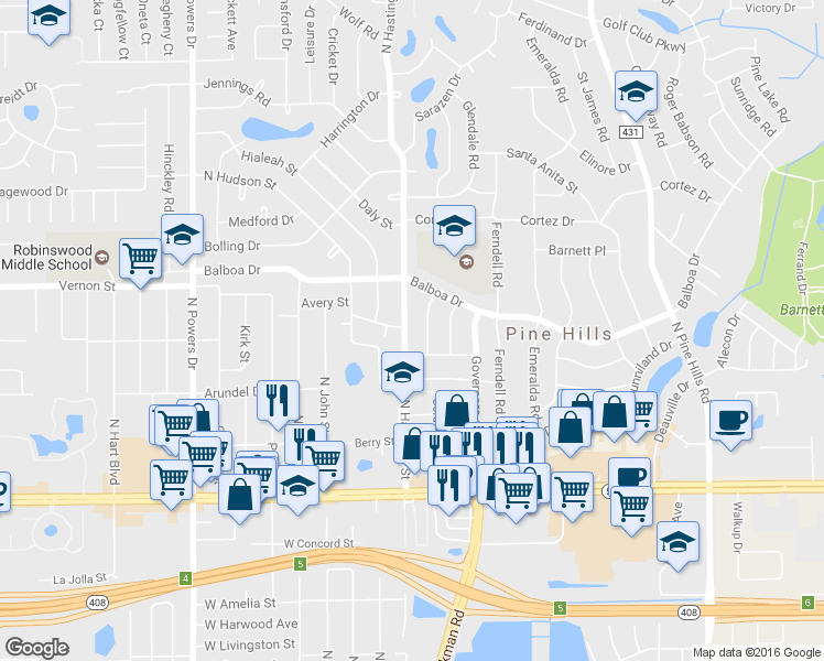 map of restaurants, bars, coffee shops, grocery stores, and more near 917 North Hastings Street in Orlando
