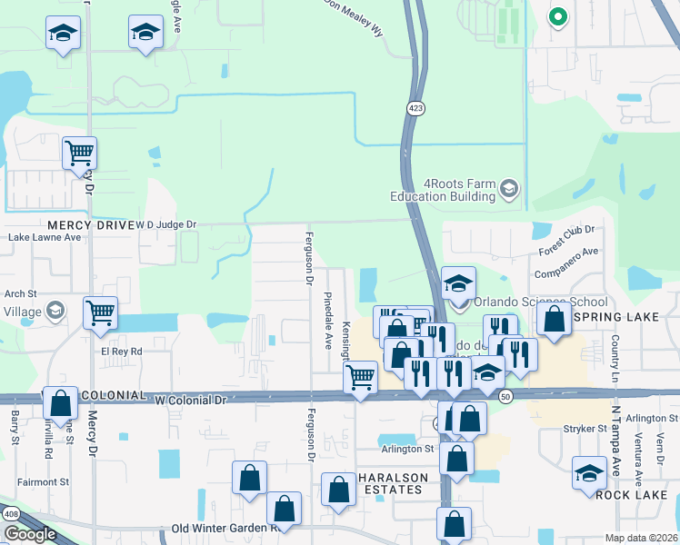 map of restaurants, bars, coffee shops, grocery stores, and more near 944 Kensington Drive in Orlando