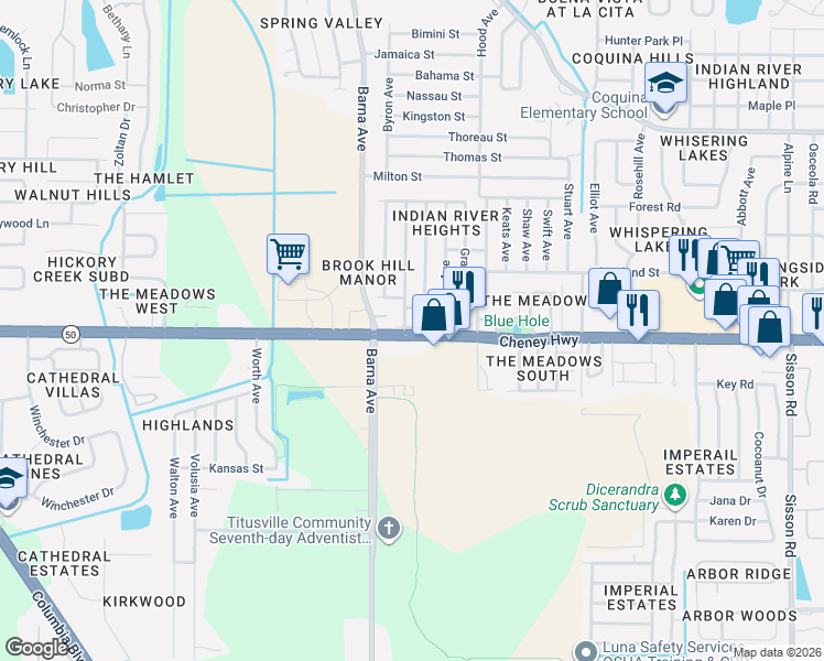 map of restaurants, bars, coffee shops, grocery stores, and more near 4570 Browning Avenue in Titusville