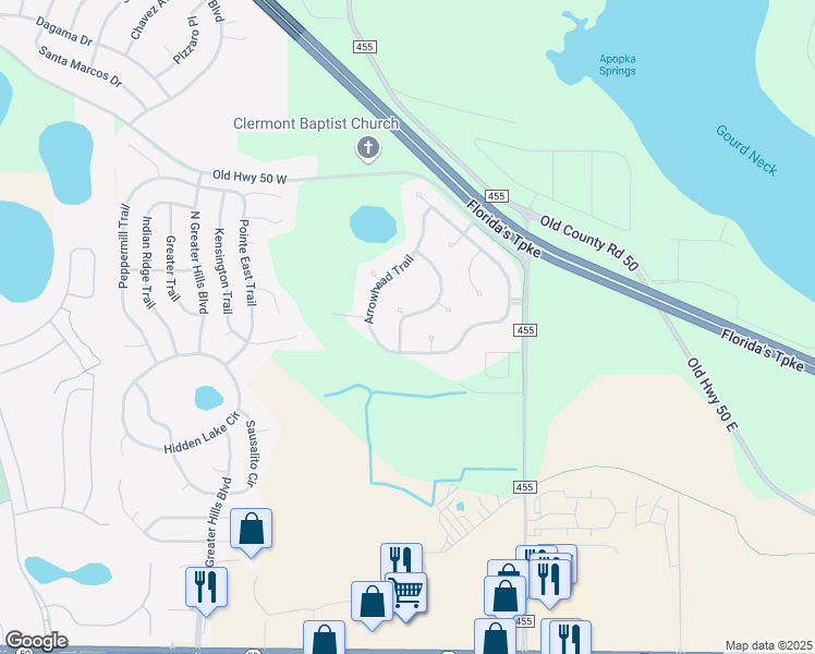 map of restaurants, bars, coffee shops, grocery stores, and more near 14518 Wishing Wind Way in Clermont