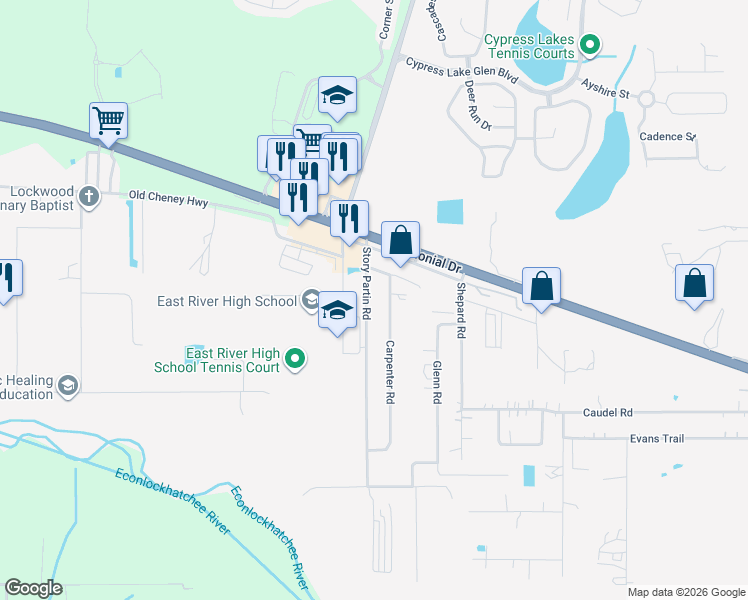 map of restaurants, bars, coffee shops, grocery stores, and more near 725 Story Partin Road in Orlando