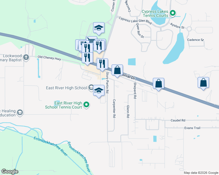 map of restaurants, bars, coffee shops, grocery stores, and more near 725 Story Partin Road in Orlando
