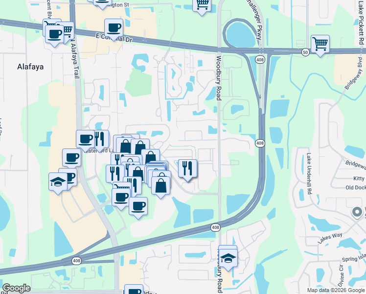 map of restaurants, bars, coffee shops, grocery stores, and more near 12703 Woodbury Oaks Drive in Orlando