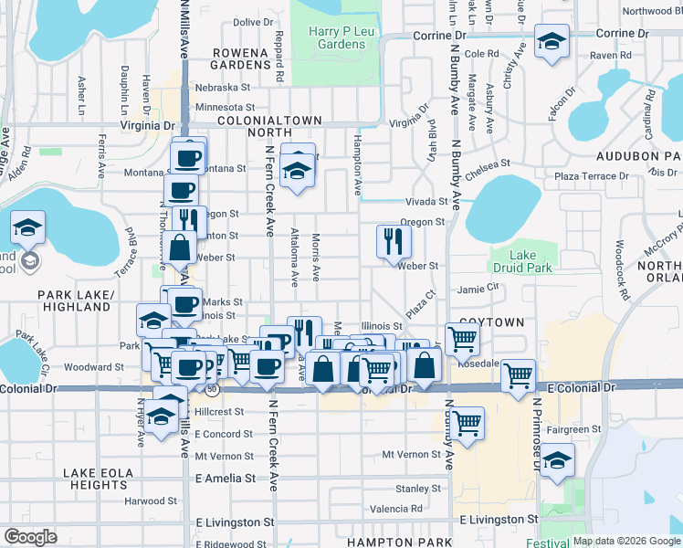 map of restaurants, bars, coffee shops, grocery stores, and more near 1818 Weber Street in Orlando
