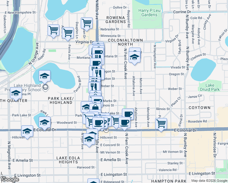 map of restaurants, bars, coffee shops, grocery stores, and more near 952 La Salle Avenue in Orlando
