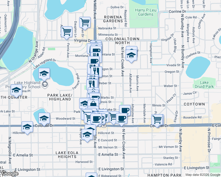 map of restaurants, bars, coffee shops, grocery stores, and more near 952 La Salle Avenue in Orlando