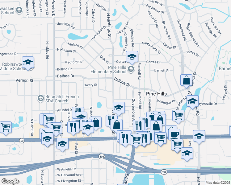 map of restaurants, bars, coffee shops, grocery stores, and more near 925 North Hastings Street in Orlando