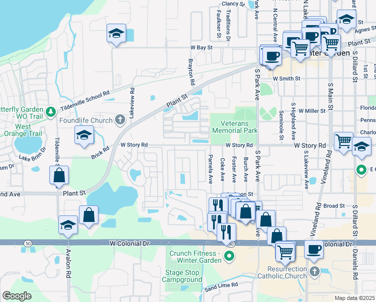 map of restaurants, bars, coffee shops, grocery stores, and more near 630 Royal Oak Drive North in Winter Garden