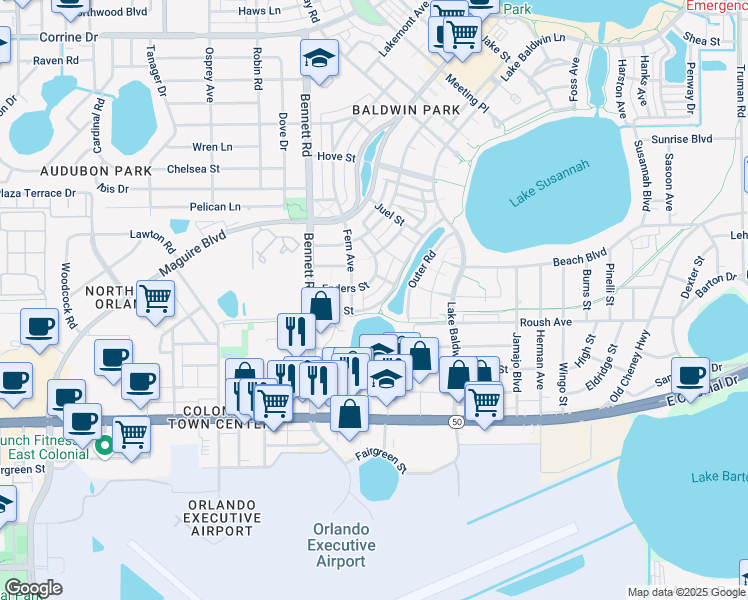 map of restaurants, bars, coffee shops, grocery stores, and more near 919 Fern Avenue in Orlando