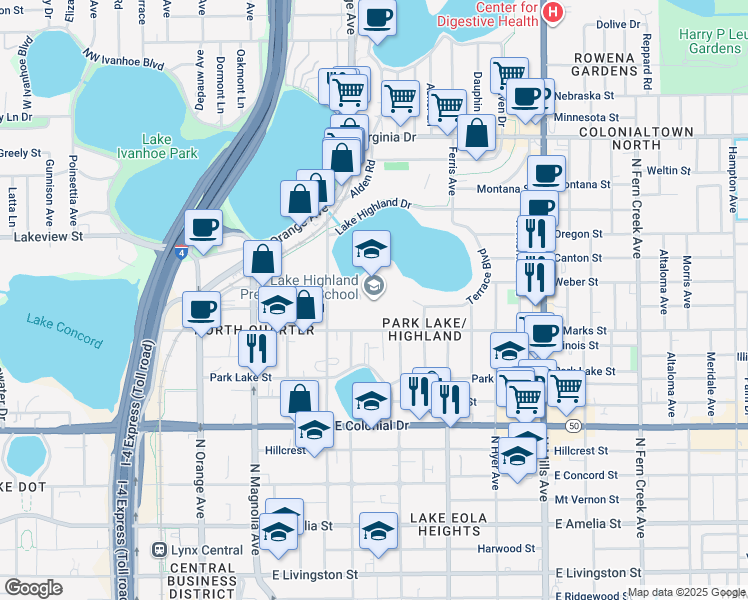 map of restaurants, bars, coffee shops, grocery stores, and more near 901 Highland Avenue in Orlando