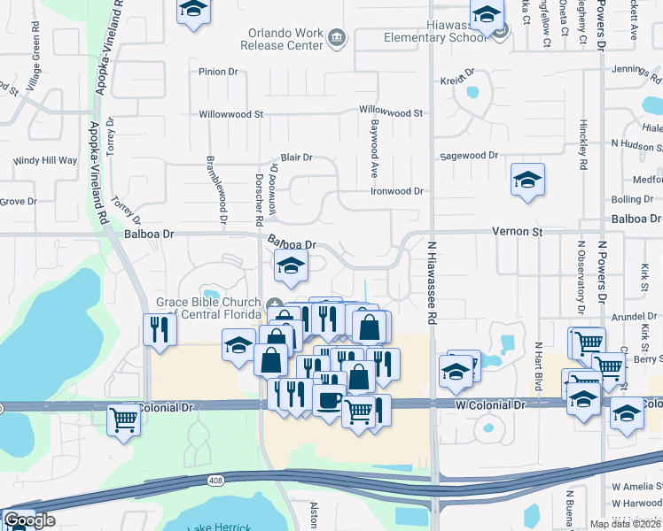 map of restaurants, bars, coffee shops, grocery stores, and more near 7407 Beacon Hill Loop in Orlando