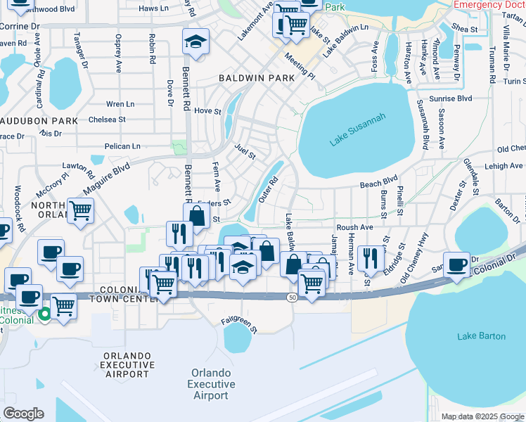 map of restaurants, bars, coffee shops, grocery stores, and more near 4625 Halder Lane in Orlando