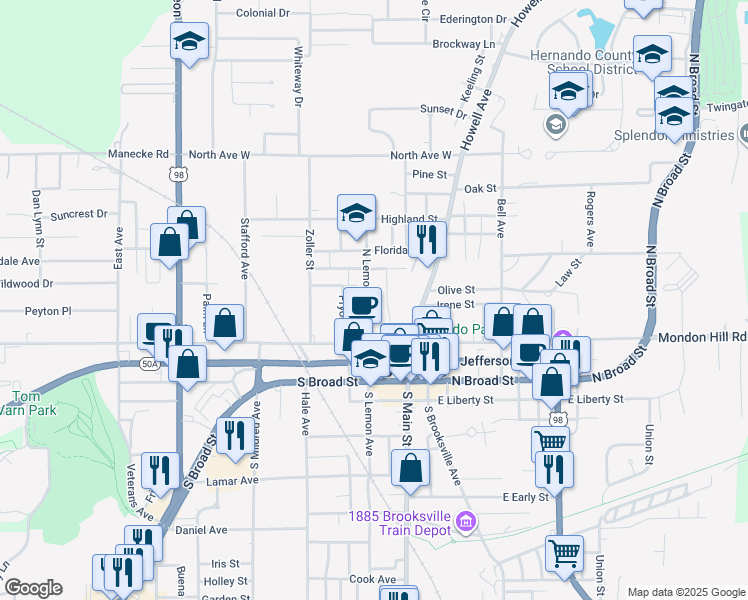 map of restaurants, bars, coffee shops, grocery stores, and more near 248 North Lemon Avenue in Brooksville