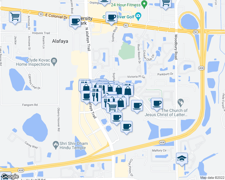map of restaurants, bars, coffee shops, grocery stores, and more near 1050 Sophie Boulevard in Orlando