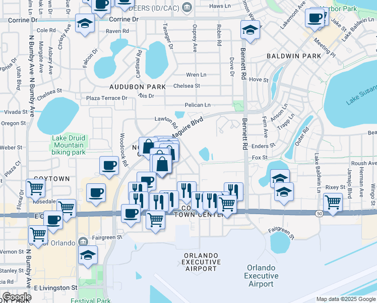 map of restaurants, bars, coffee shops, grocery stores, and more near 827 McCullough Avenue in Orlando